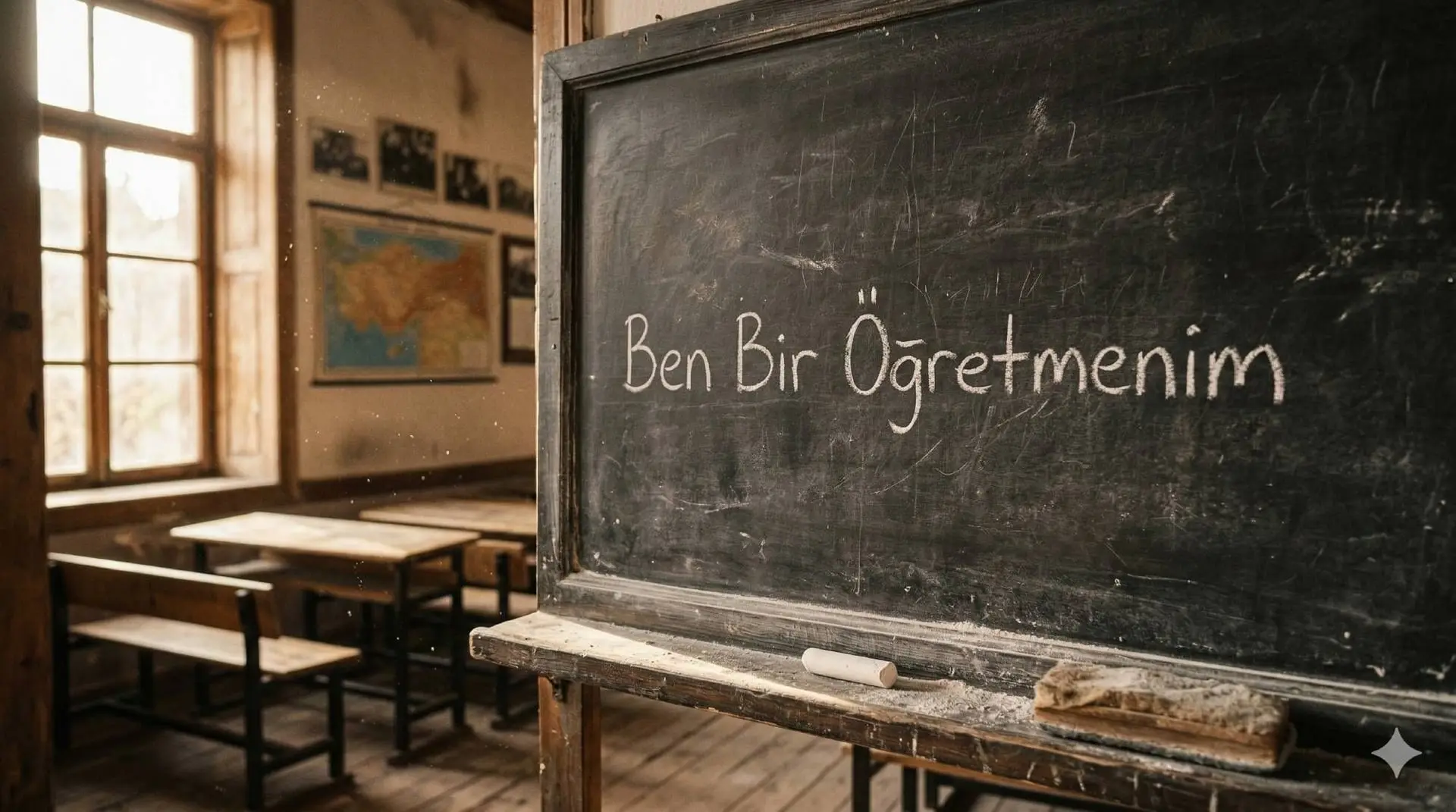 Eski bir sınıfta karatahta üzerinde tebeşirle yazılmış Ben Bir Öğretmenim yazısı
