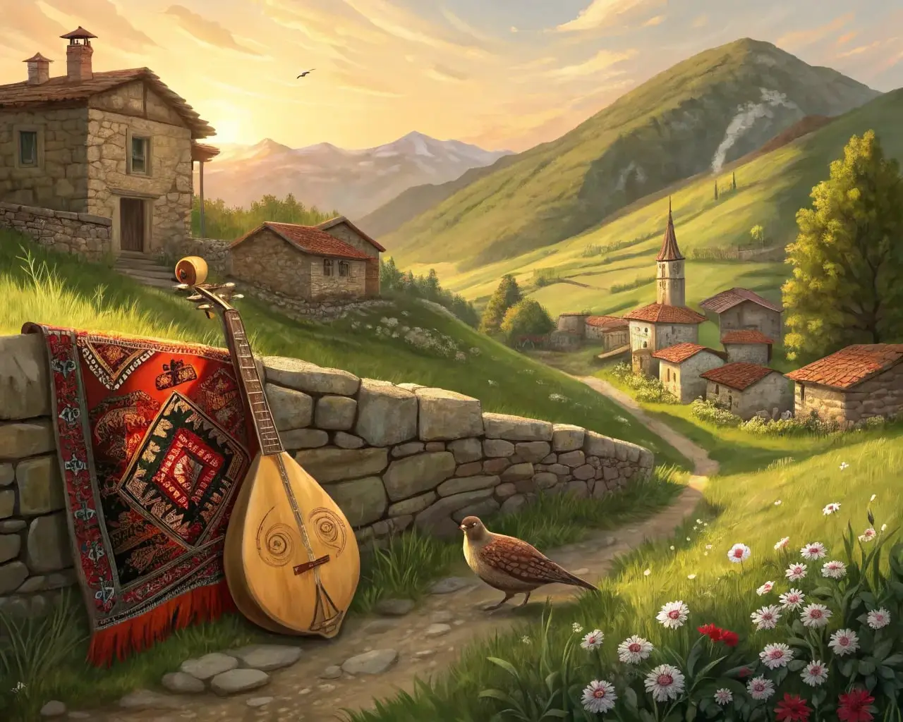 Anadolu koyu manzarasinda telli saz kilim ve keklik ilustrasyonu