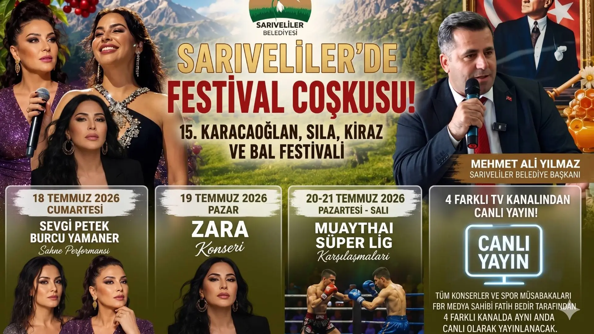 Sarıveliler Belediyesi 15. Karacaoğlan, Sıla, Kiraz ve Bal Festivali tanıtım afişi ve etkinlik programı