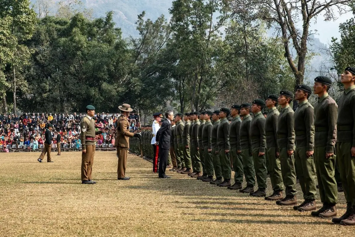 Gurkha soldiers participating in an official military parade in Pokhara, Nepal.