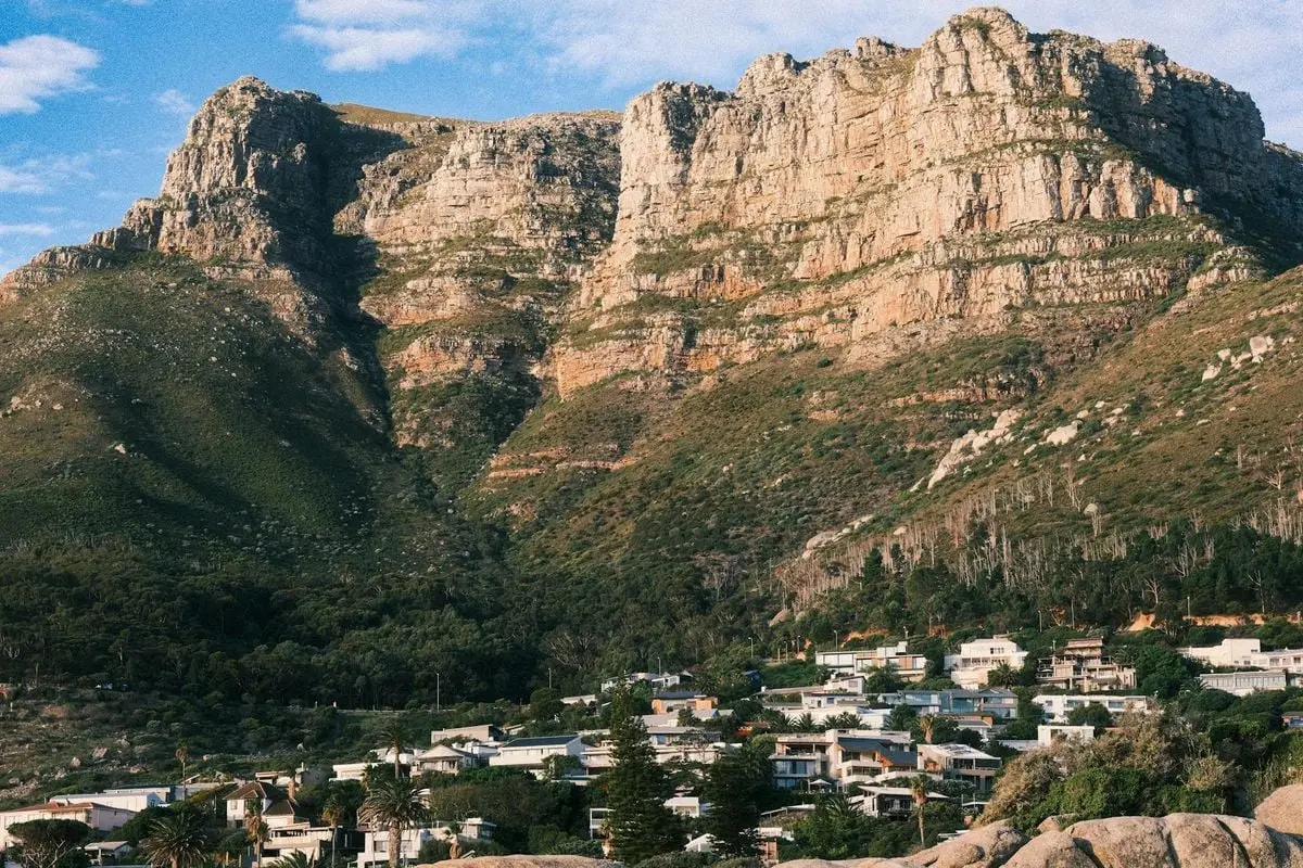 A picturesque view of mountains and suburbs near Cape Town, South Africa.