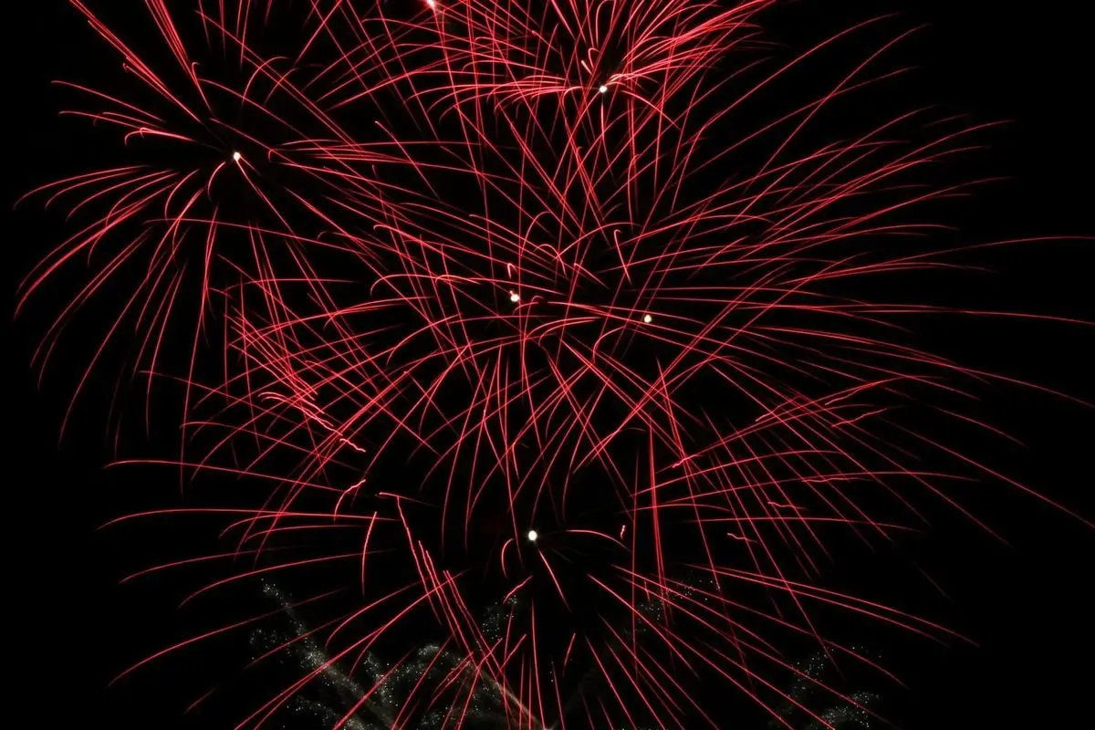 A vivid display of red fireworks lighting up the night sky, perfect for celebrations and festive occasions.