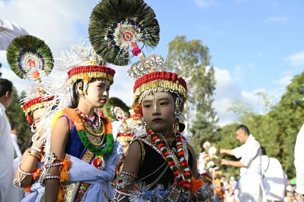 Children performing traditional Manipuri dance during a cultural festival in Imphal, India.