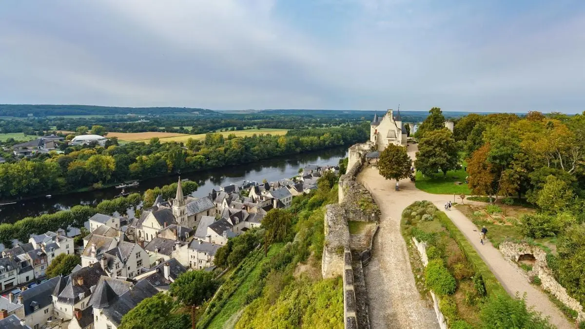Scenic view of the historic town of Chinon and the Vienne River in France.
