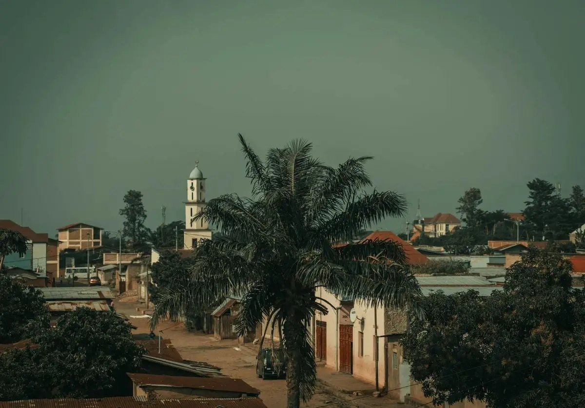 Scenic view of Bujumbura cityscape featuring a prominent church tower and palm tree.