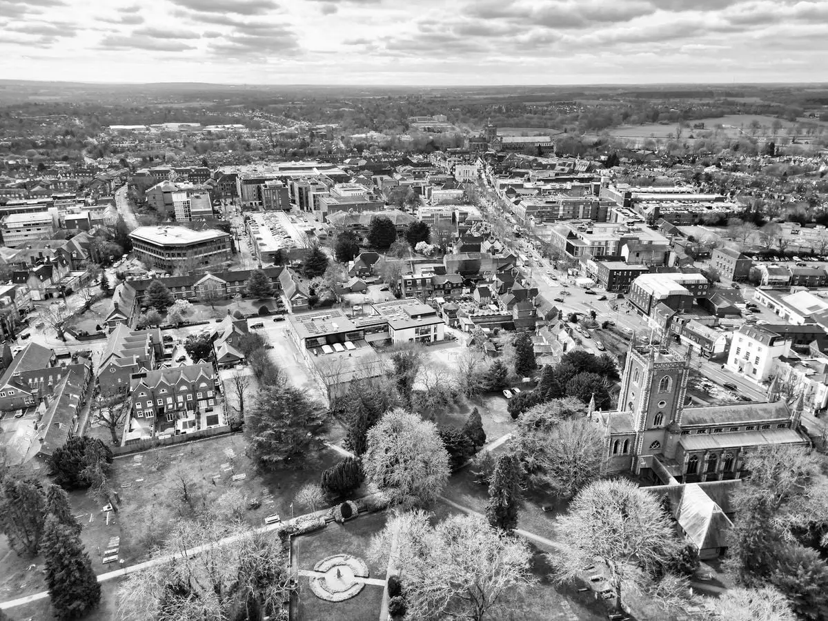 Captivating black and white aerial view of historic St. Albans, showcasing architecture and sprawling landscape.