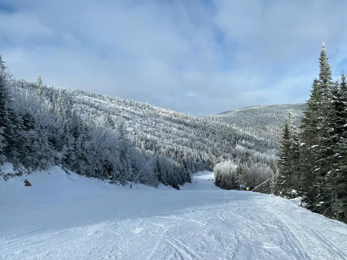 Beautiful snowy landscape in Petite-Rivière-Saint-François, Canada, showcasing winter trees and mountain scenery.