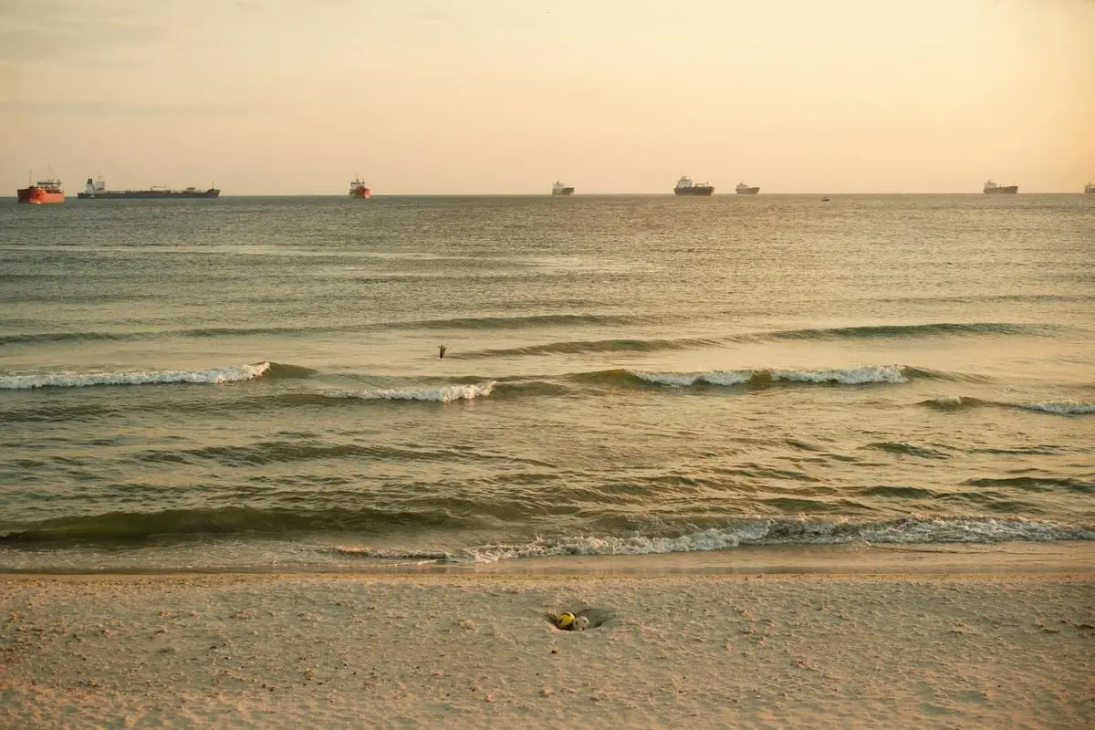 Calm İstanbul beach with distant ships on a serene sunset horizon, golden hour tones.