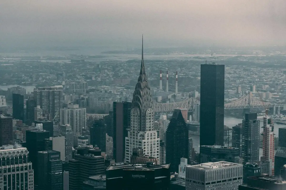Stunning aerial view of New York City skyline featuring the iconic Chrysler Building.