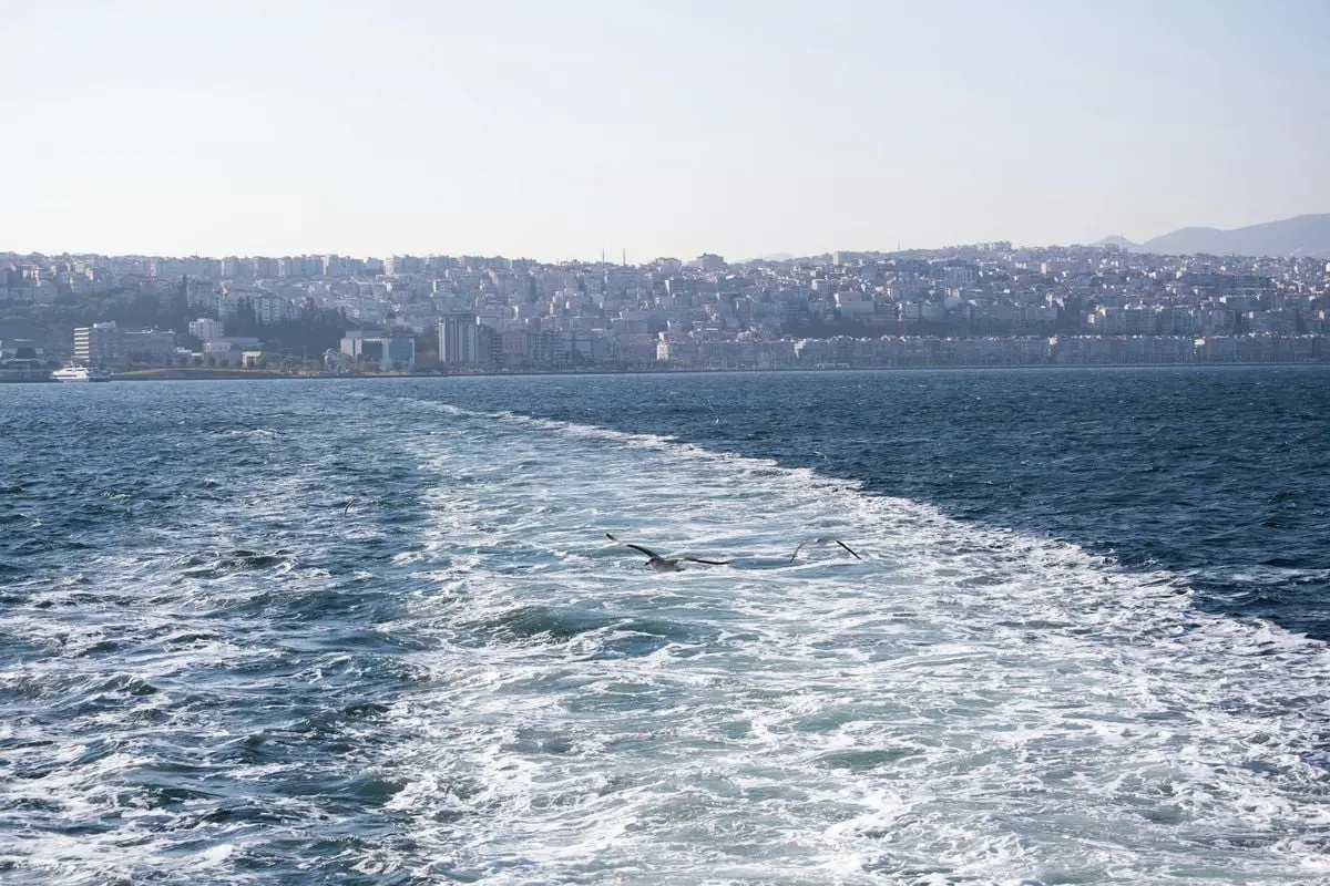 Captivating view of Izmir's Gulf from a ferry with seagulls and cityscape.