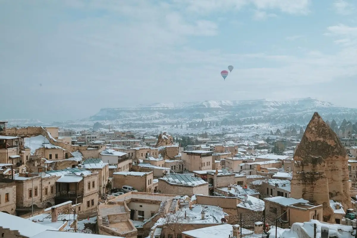 Captivating winter scene of Cappadocia with snowy rooftops and hot air balloons in the sky.