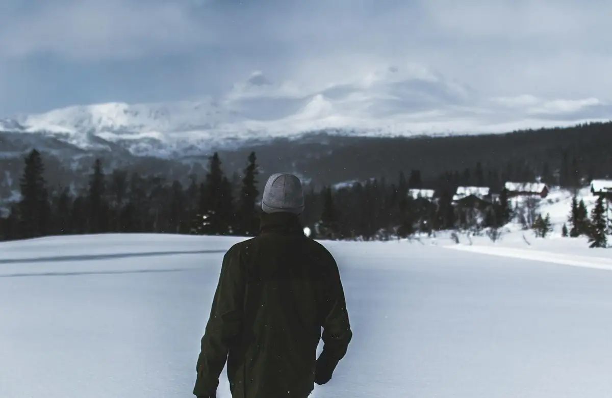 Back view of a person walking through snowy terrain towards distant snow-capped mountains.