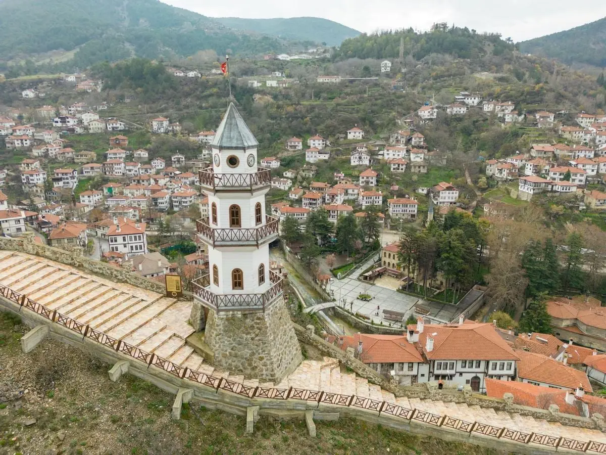 Stunning aerial shot of Victory Tower and historic Göynük, Türkiye. Captures traditional houses and scenic landscape.