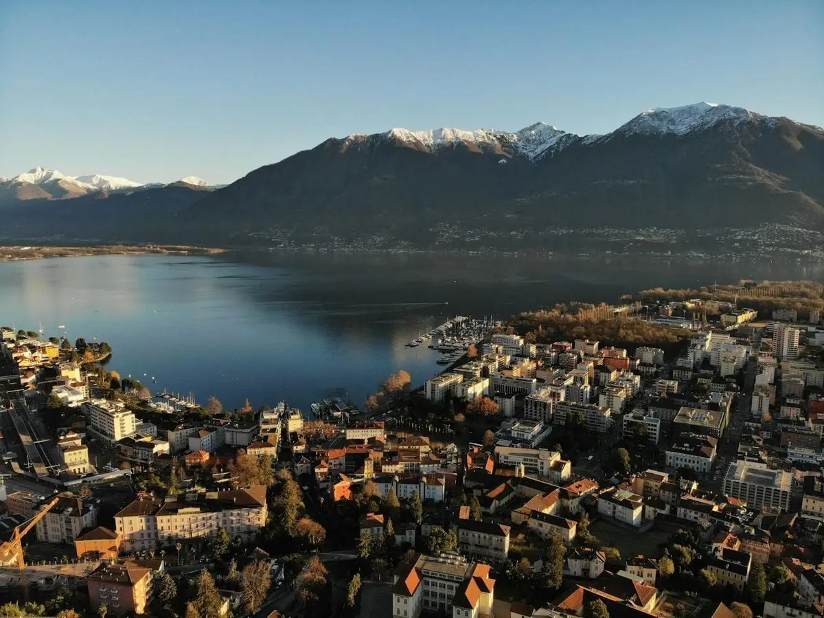 Stunning aerial view of Locarno, Switzerland with Lake Maggiore and mountain backdrop.