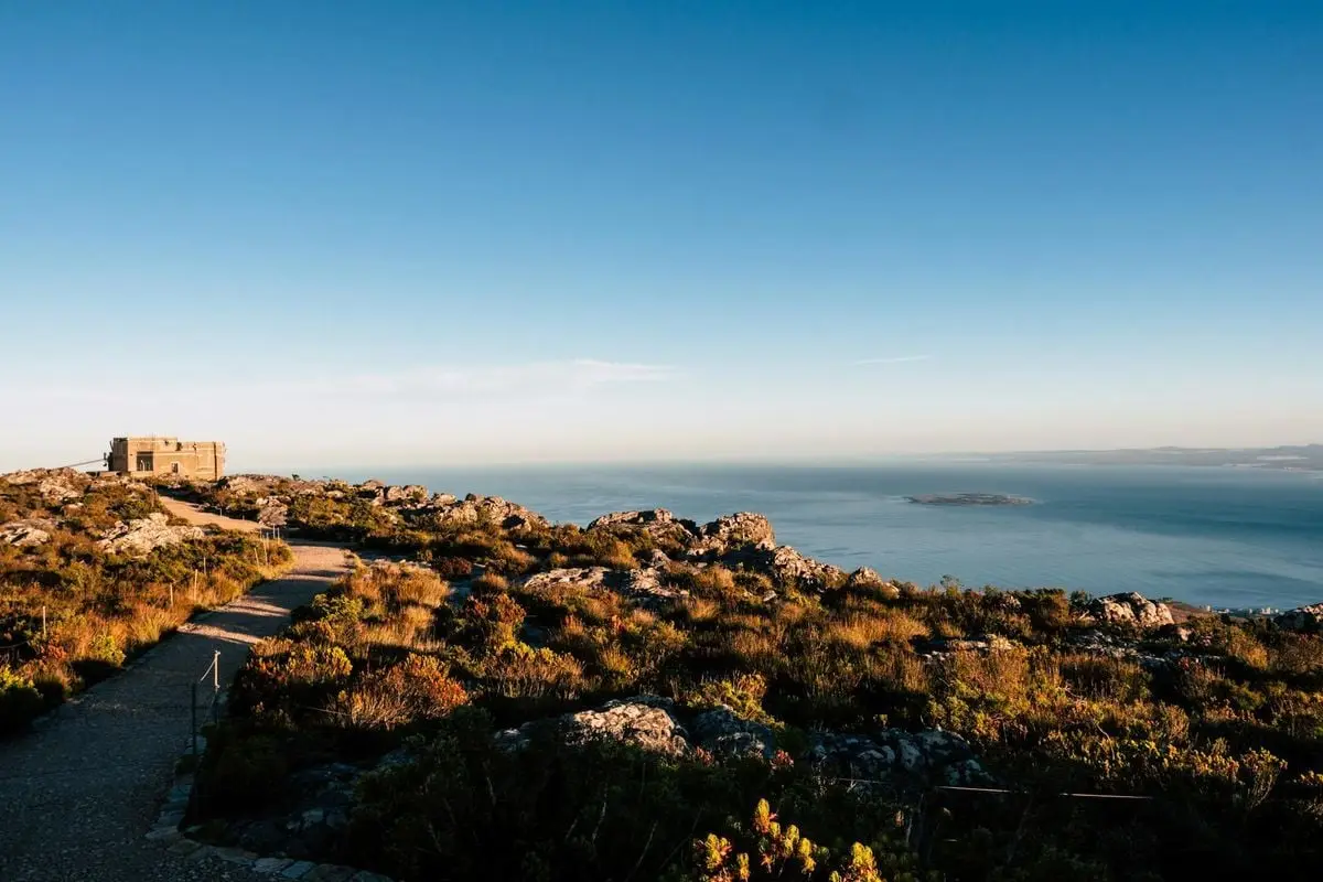 Breathtaking view from Table Mountain, showcasing ocean and scenery under a clear blue sky.