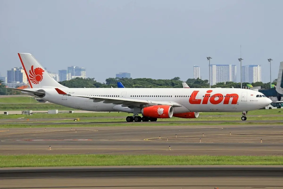 Lion Air passenger aircraft on airport runway with cityscape background.