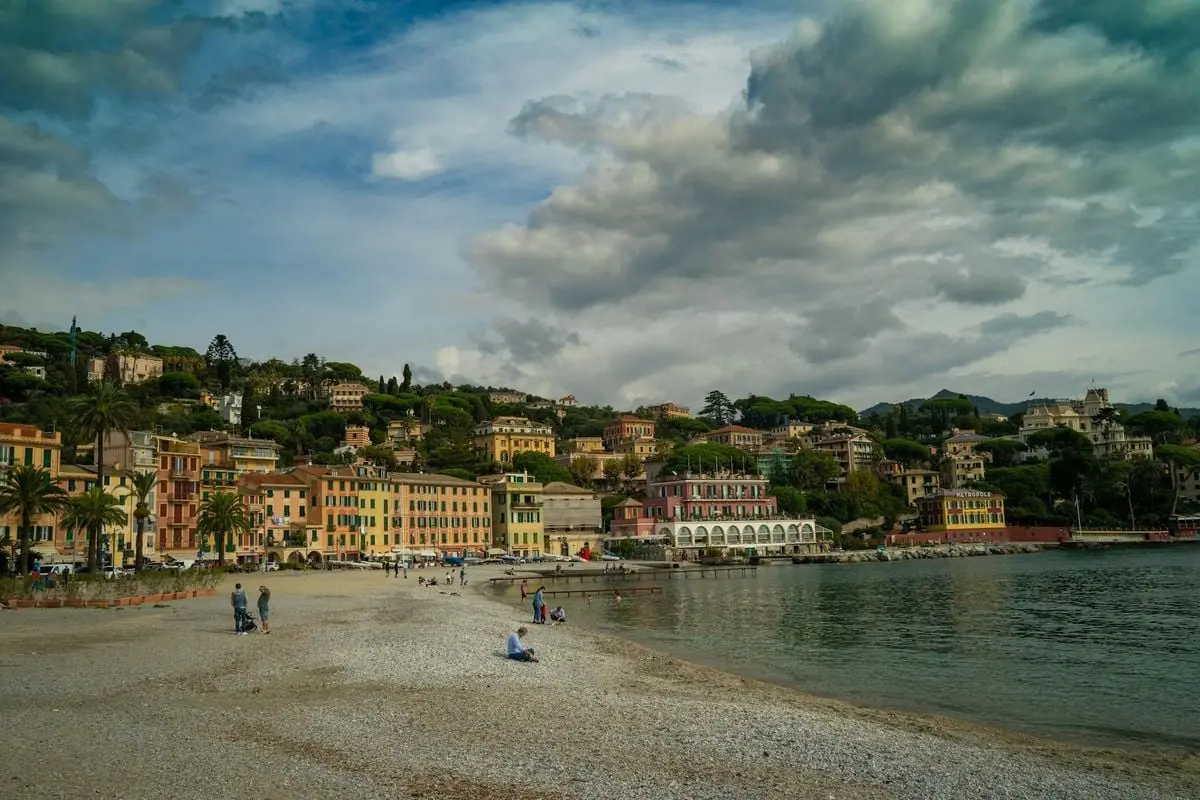 Charming coastal town of Santa Margherita Ligure with colorful buildings and scenic beach in Italy.