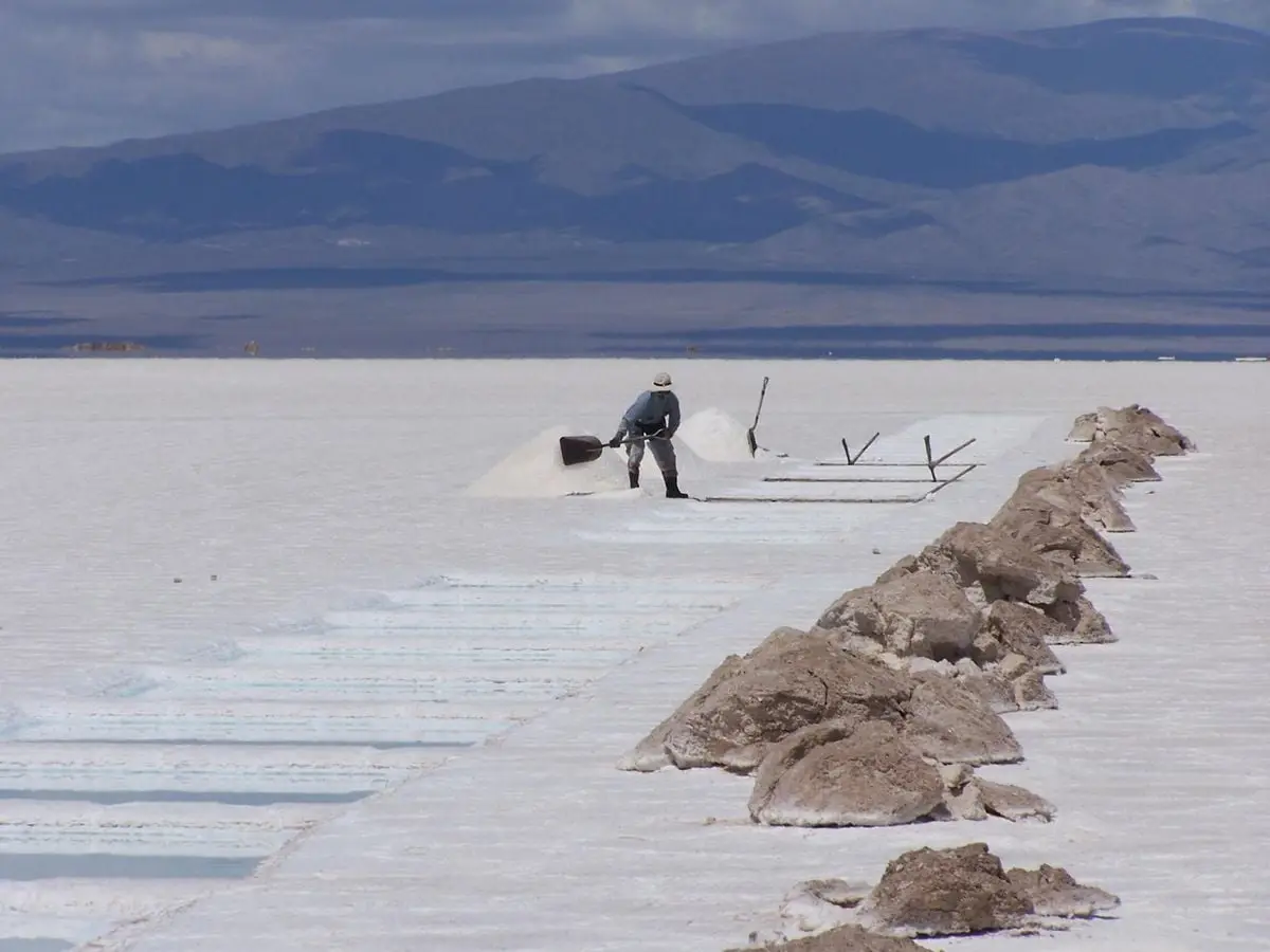 A worker in Salta, Argentina, shoveling salt on expansive salt flats under a clear sky.