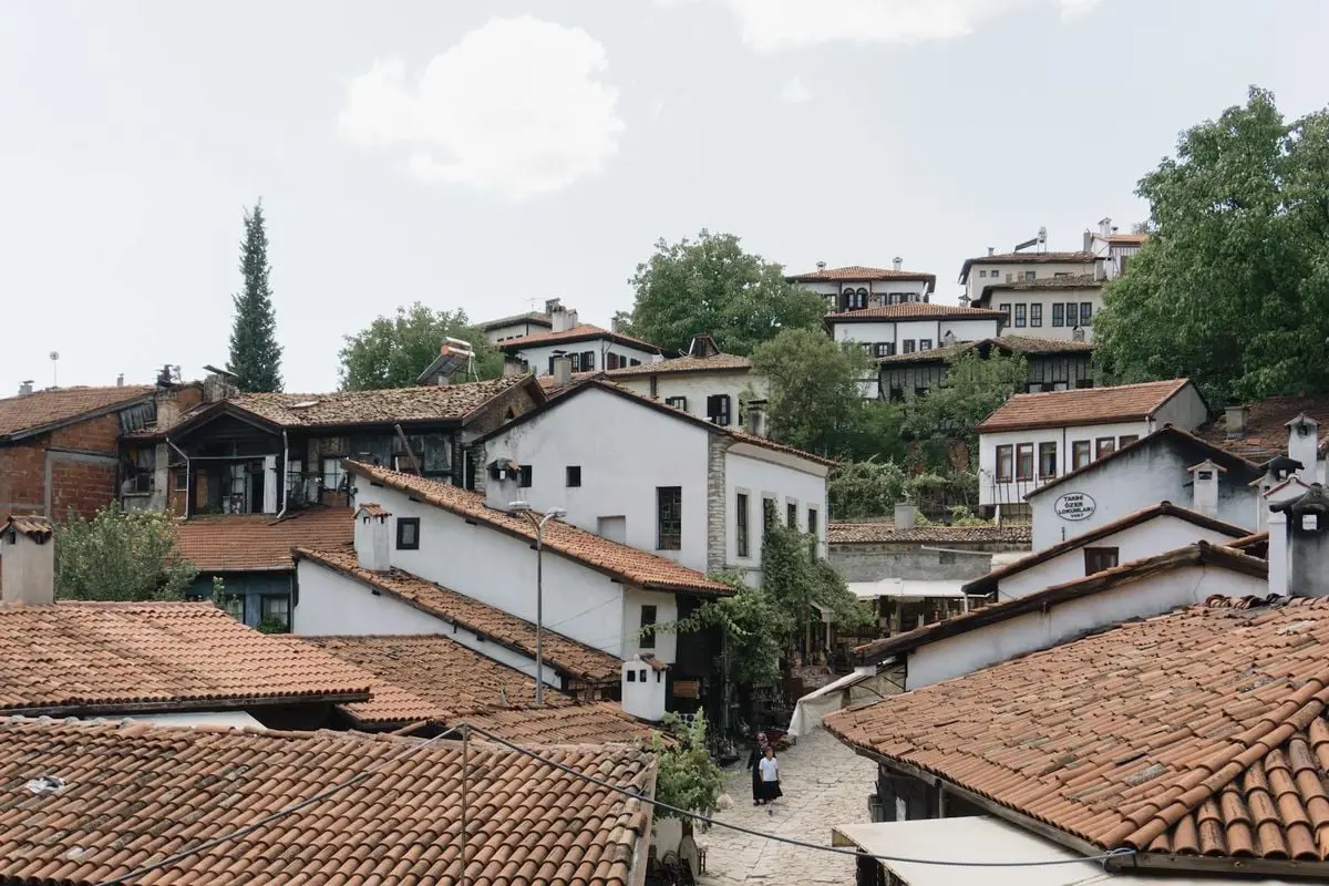Explore the traditional architecture and rooftops of a charming historic town under a bright sky.