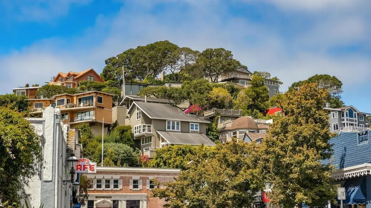 Vibrant hillside homes surrounded by lush greenery under a cloudy sky in a quaint town.