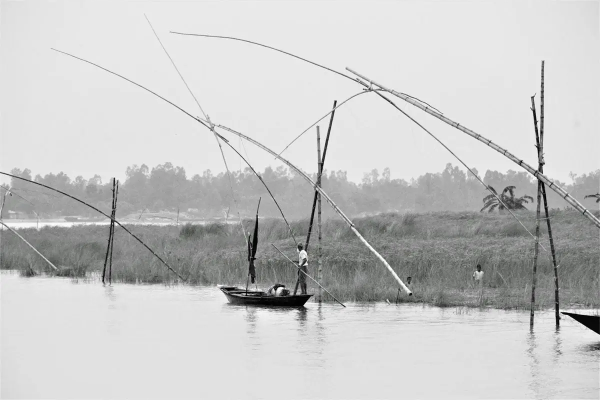 A fisherman using traditional nets on a tranquil lake in Kurigram, Bangladesh.
