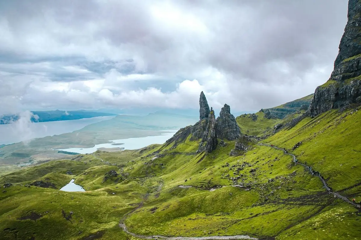 Majestic view of the Old Man of Storr in Scotland, showcasing rugged landscapes under a cloudy sky.