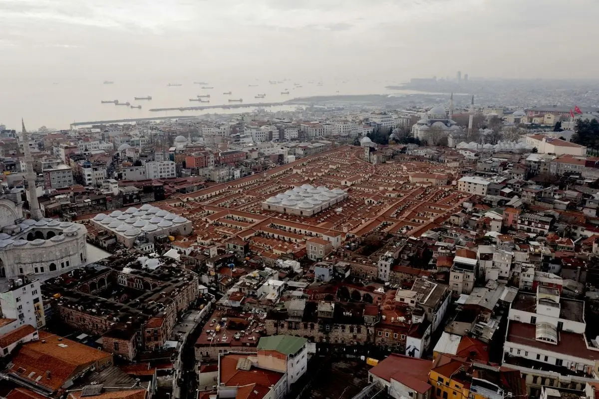 Aerial panorama of Istanbul's historic urban landscape with iconic architecture and bustling streets.