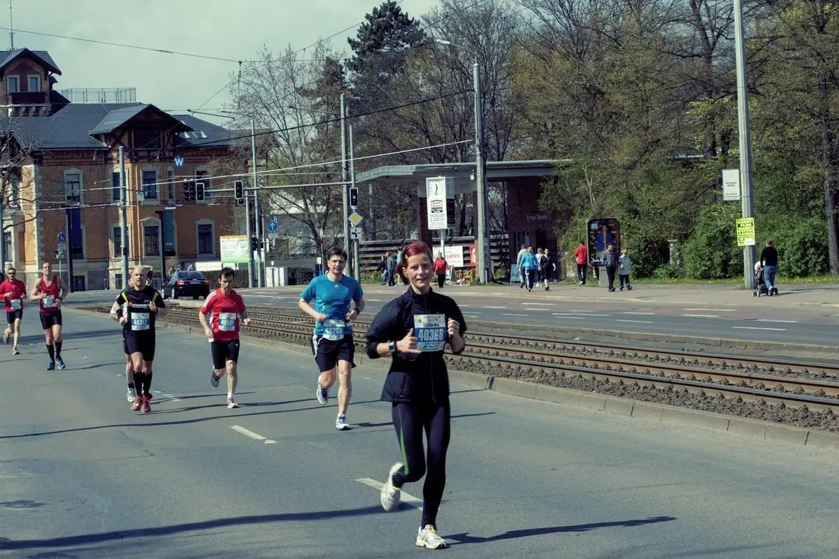 Athletes participating in a city marathon in Leipzig, Germany.