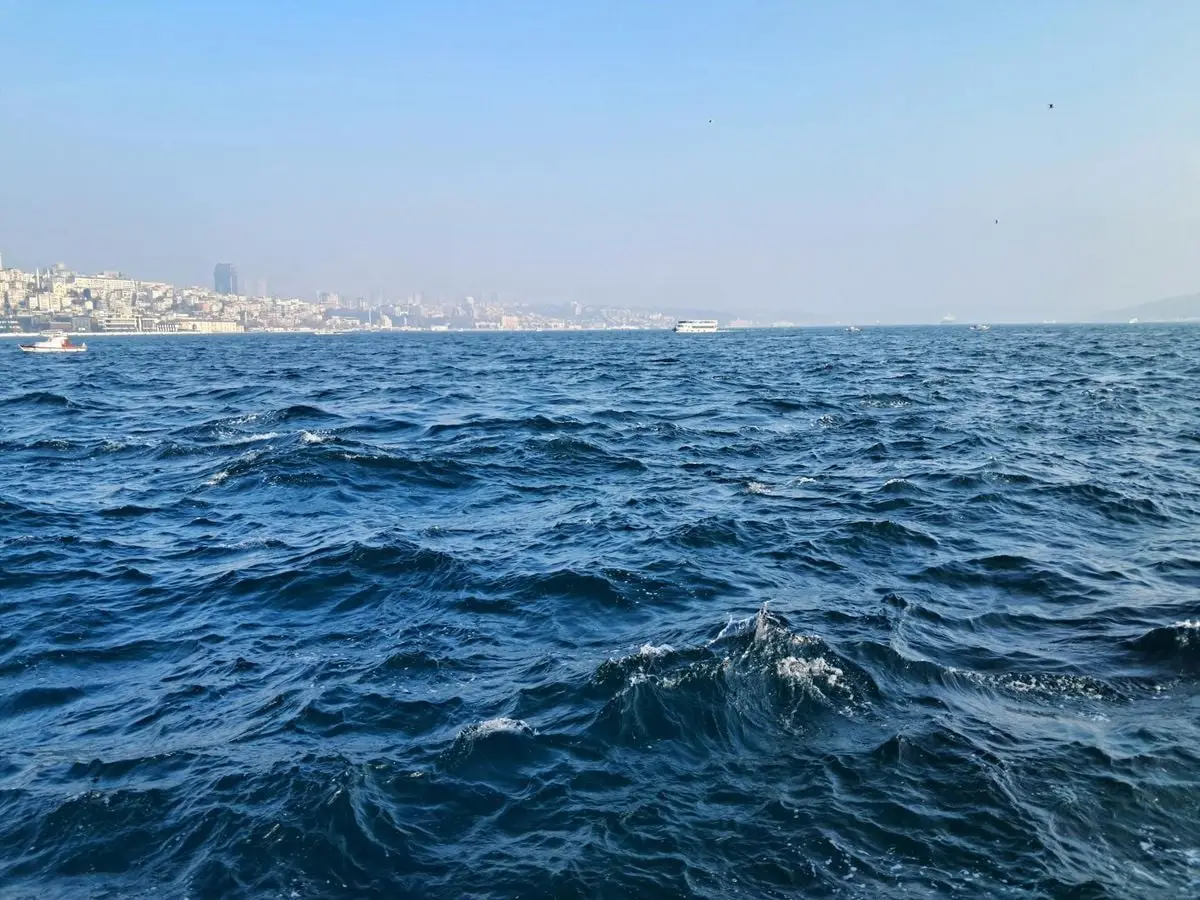 Waves crash gently against the shore with Istanbul's skyline in the background, capturing urban coastal beauty.