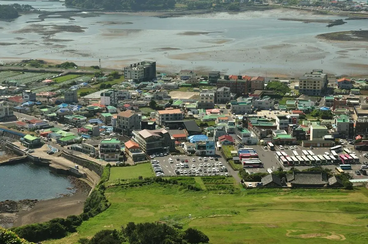 Scenic aerial view of a vibrant coastal town in South Korea with lush greenery and waterfront.