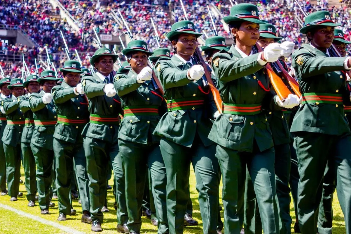 Uniformed women participating in a military parade at a stadium in Harare, Zimbabwe.