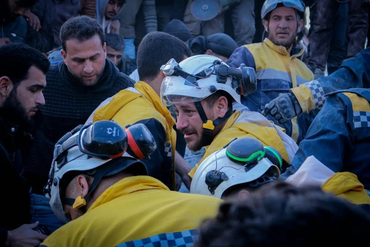 Rescue workers in action during a crisis situation in Idlib, Syria.