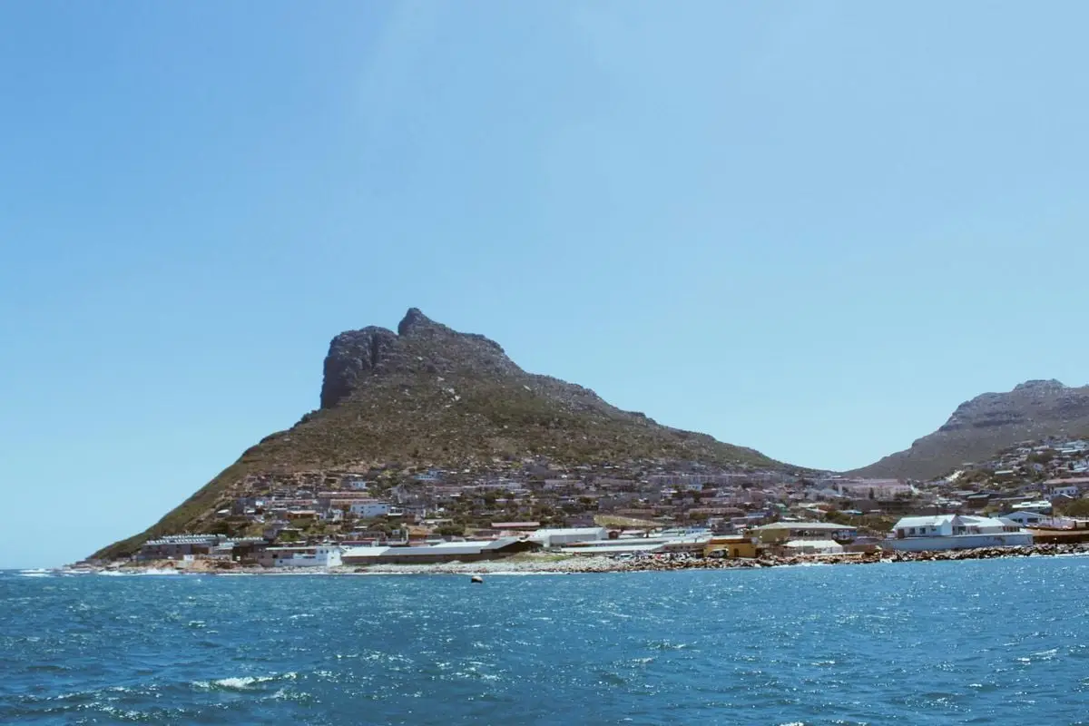 Stunning view of Cape Town’s coast with ocean and mountain under clear blue sky.