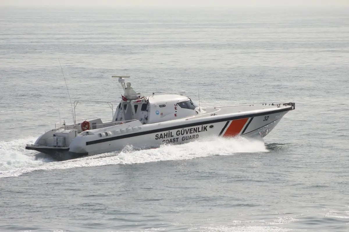 Turkish Coast Guard vessel cruising through calm waters off the coast of Tekirdağ.