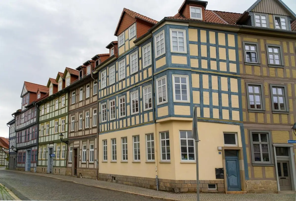 Explore the colorful medieval facades lining the street in Halberstadt's old town, Germany.