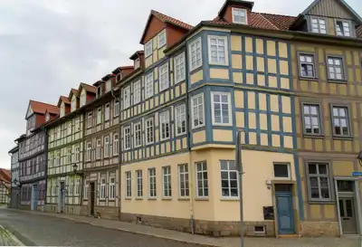 Explore the colorful medieval facades lining the street in Halberstadt's old town, Germany.