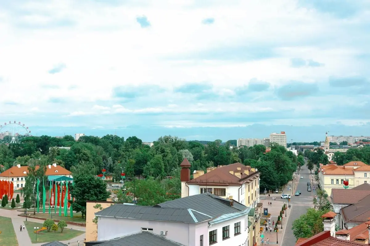 Aerial view showing a vibrant urban landscape with a ferris wheel and greenery.