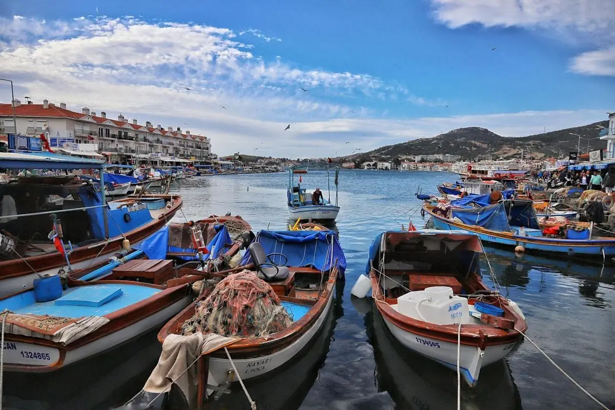 Beautiful harbor view with fishing boats and coastal buildings under a clear blue sky.