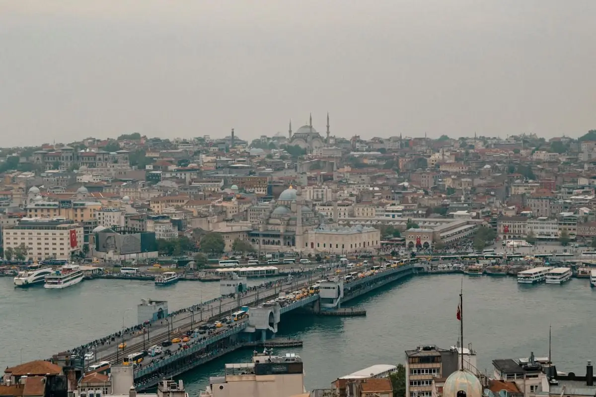 Breathtaking aerial view of Istanbul with iconic landmarks like Yeni Cami and Galata Bridge.