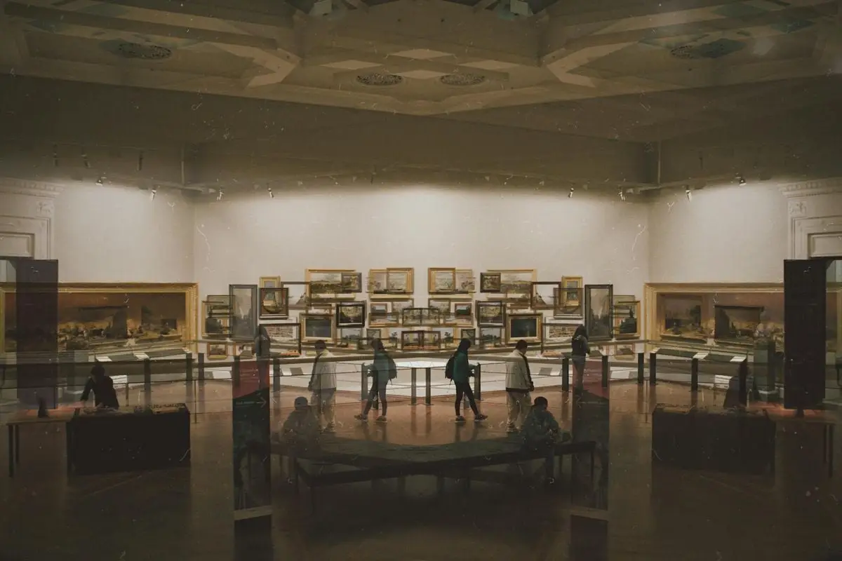 Explore a captivating art gallery interior featuring various artworks and visitors in Melbourne.