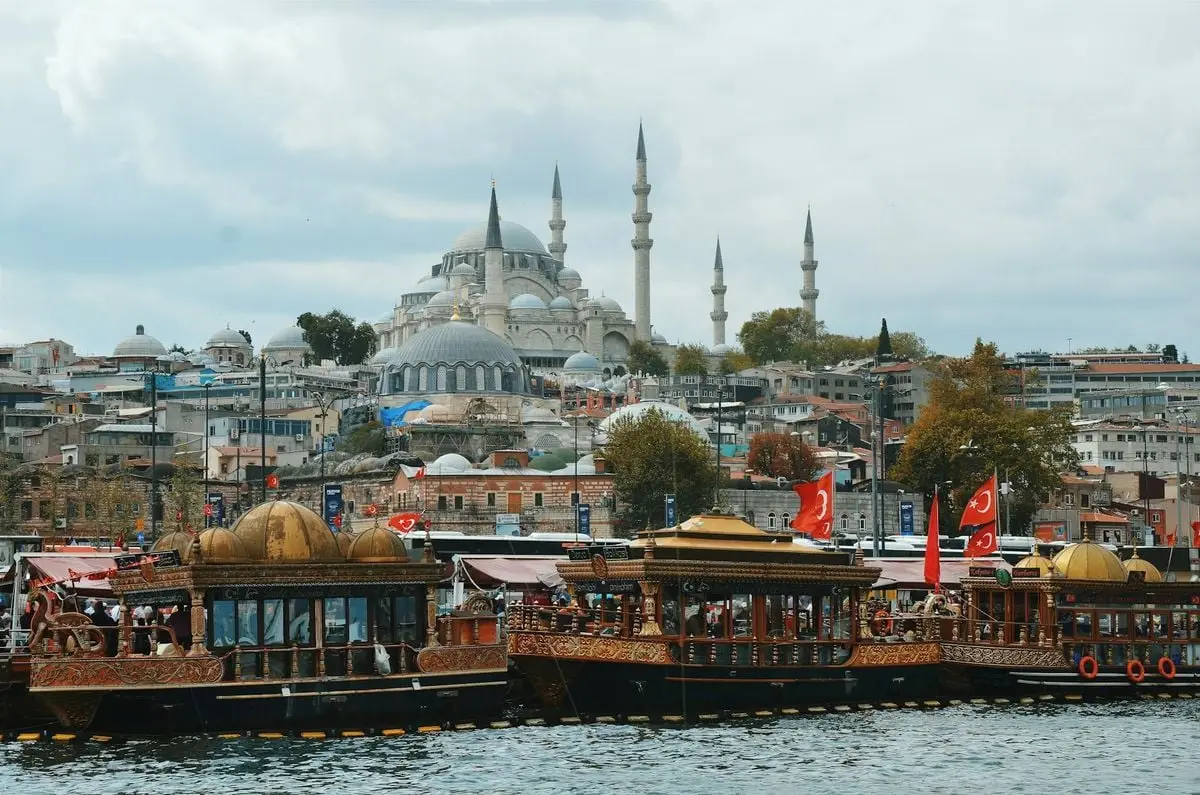 Scenic view of Istanbul's historic skyline featuring Bosphorus boats and stunning architectural landmarks.