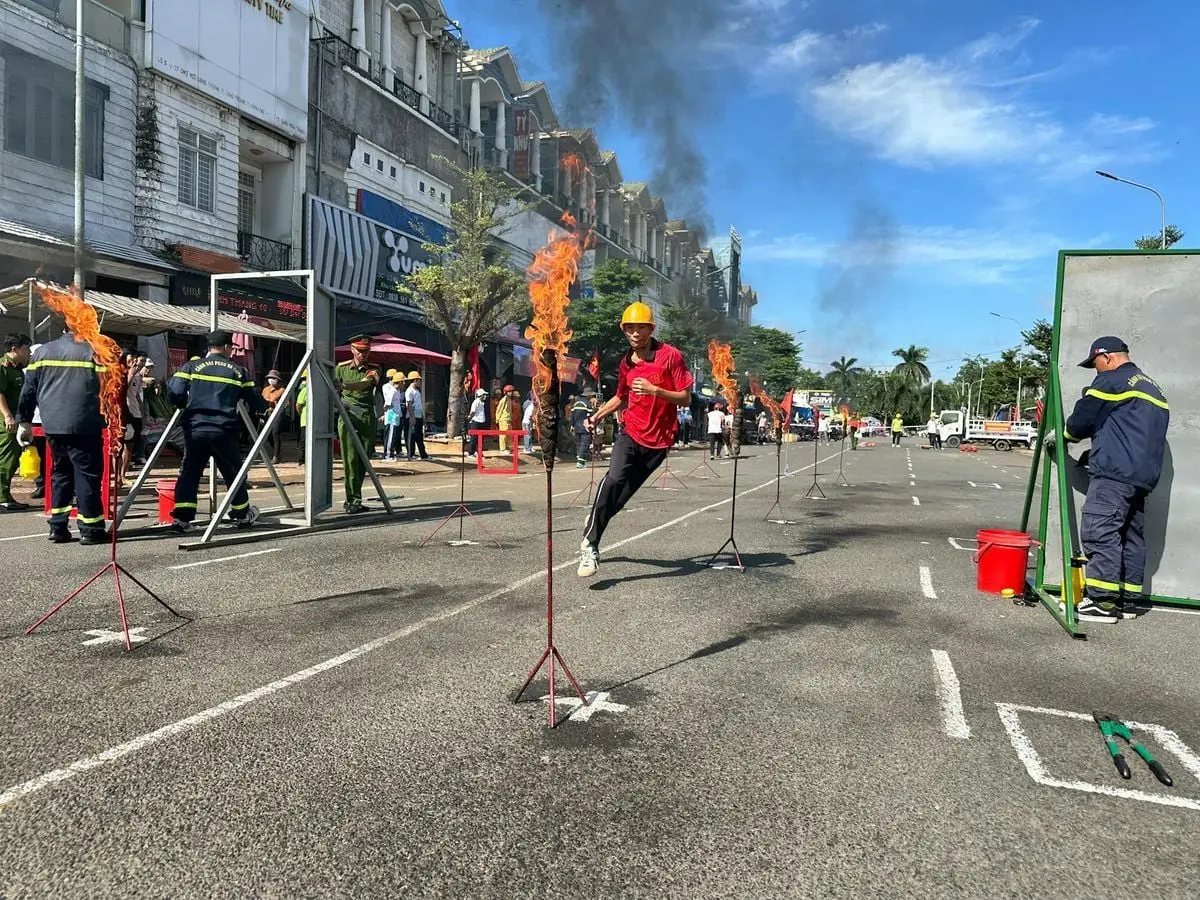 A fire safety training exercise in Long Thành District, Vietnam.