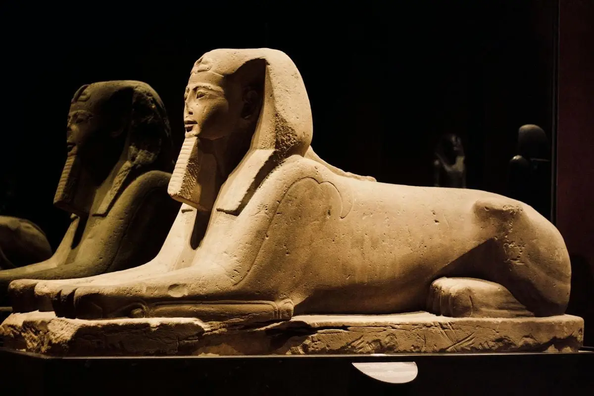 Ancient Egyptian Sphinx statue displayed in a museum, highlighting its intricate details and historical significance.