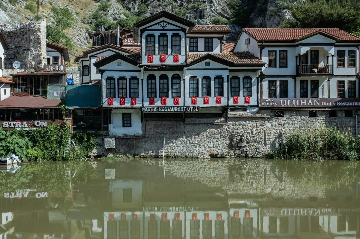 Charming traditional houses along the Yeşilırmak River in Amasya, Turkey.