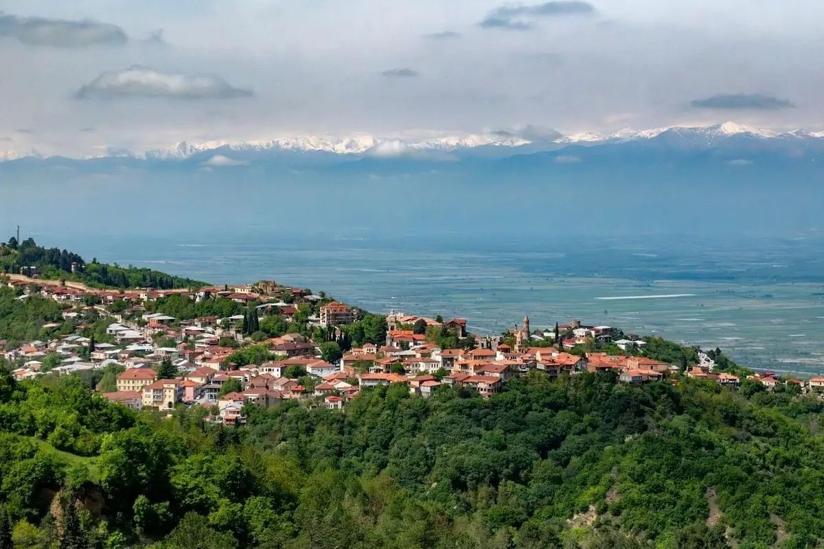 Explore the charming town of Sighnaghi nestled in the lush Alazani Valley with mountainous backdrop.