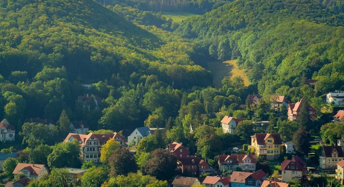 A picturesque valley town surrounded by dense green forests on a sunny day.