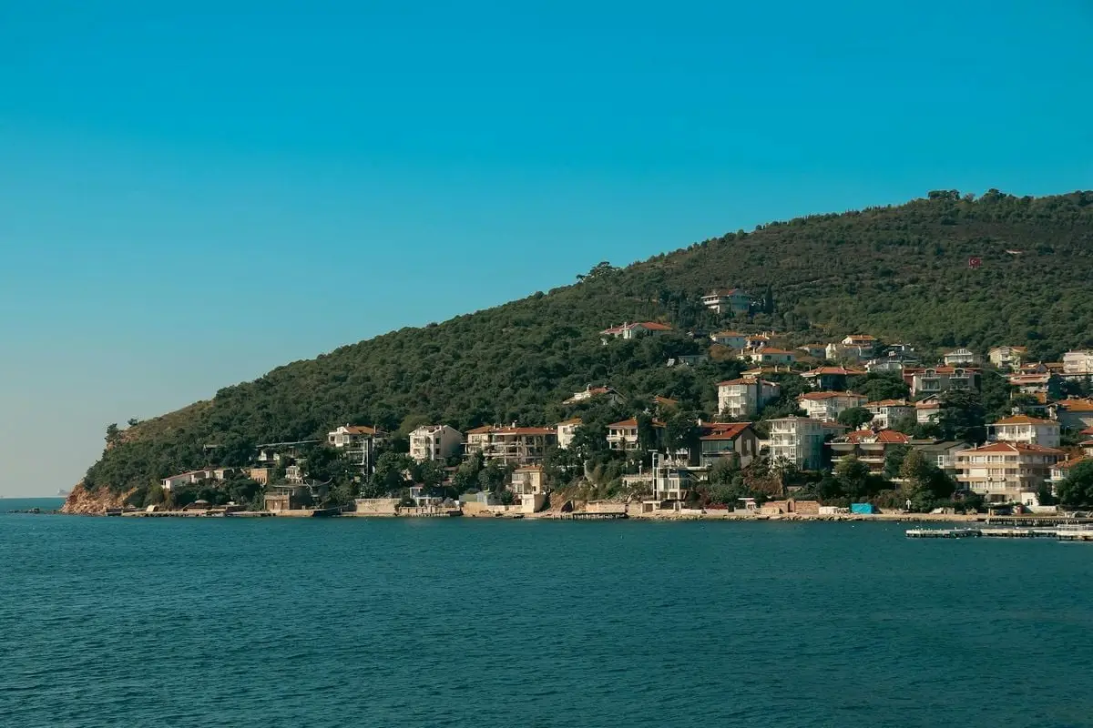Beautiful summer view of the Istanbul Princely Islands coast, showcasing the serene seashore and hillside architecture.