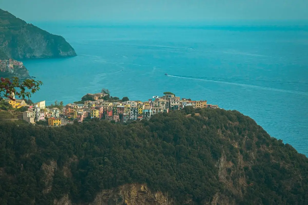 Stunning aerial view of the colorful town of Cinqueterre, Italy, by the coast.
