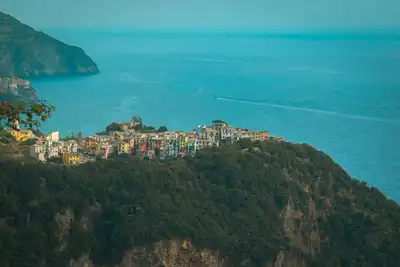 Stunning aerial view of the colorful town of Cinqueterre, Italy, by the coast.