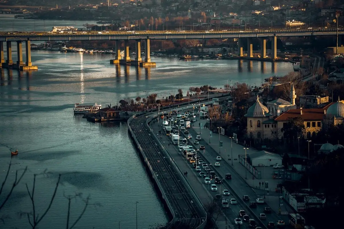 A captivating aerial view of a bustling city featuring a bridge over a river at sunset.